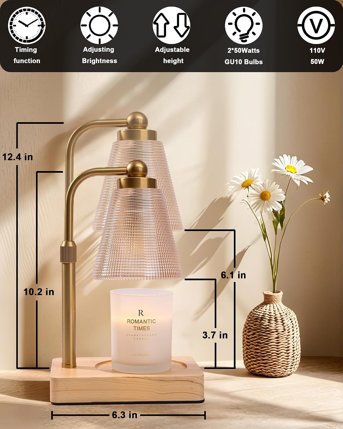 Candle Warmer Lamp with Timer - Adjustable Height & Brightness - Wood Base Glass Shade - 2 Bulbs Included(Square Gold)