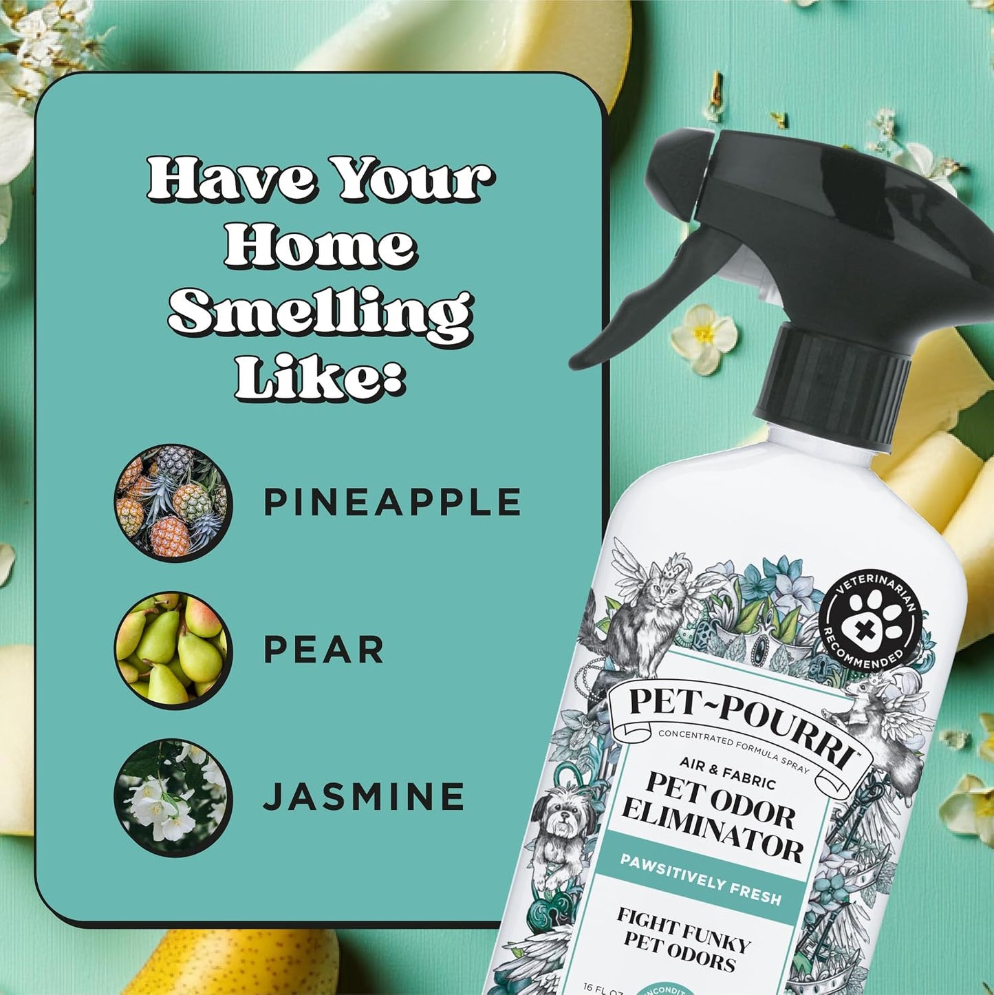 Pet-Pourri Pawsitively Fresh Pet Odor Deodorizer Spray, 16 Fl Oz, Up to 800 Uses, Air + Fabric Odor Remover with Essential Oils & Plant Based Ingredients, Vet Recommended, Pineapple, Jasmine & Pear