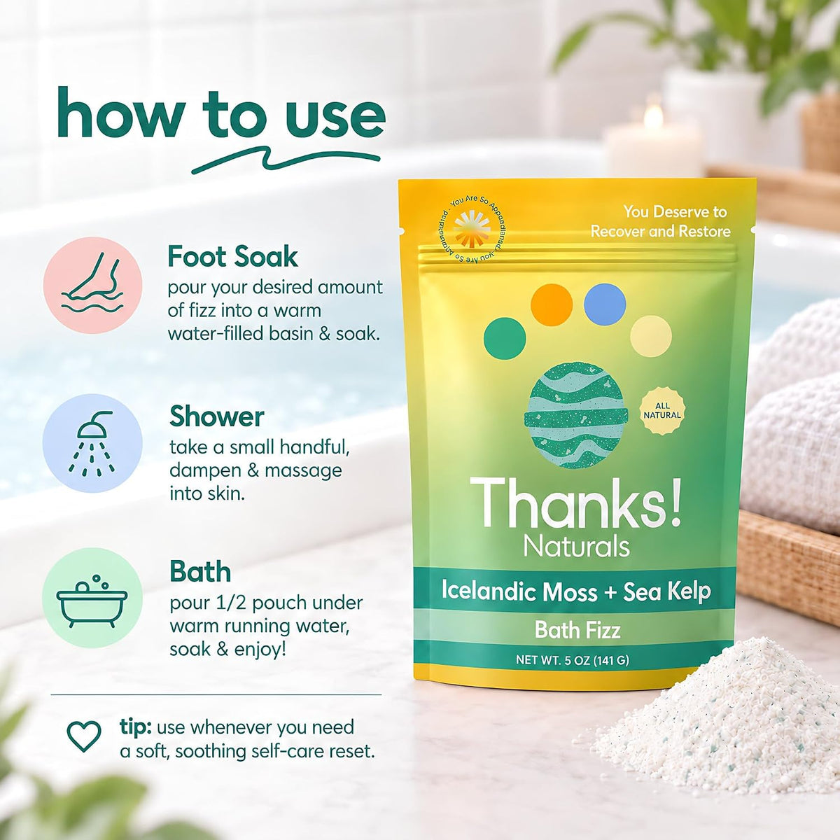 Bath Fizz, Icelandic Moss + Sea Kelp, Vegan & Natural Bath Fizz with Sea Moss, Vitamin E, Shea Butter & Himalayan Pink Salt, Spa at Home, Self Care Essential, Multiple Baths, 4 OZ