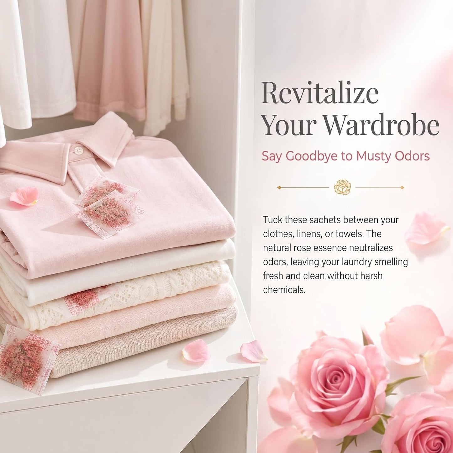 RAINFLOW Sachets for Drawers and Closets - 100 Pcs Rose Sachet Bag Natural Floral Fragrance Bags Bulk Odor Eliminator and Air Freshener for Drawer,Clothes Storage and Small Spaces