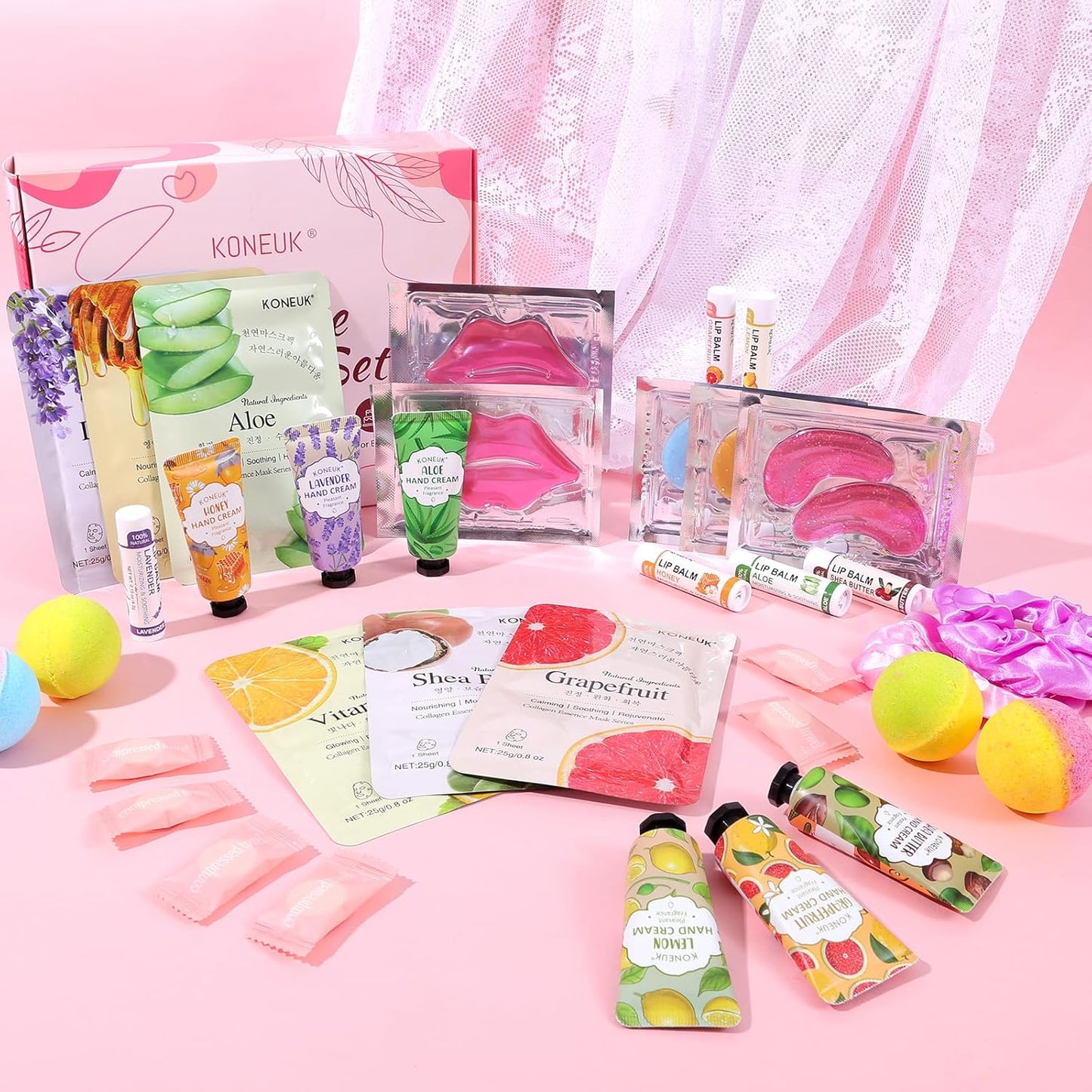 60PCS Spa Party Supplies for Girls, Include Face Masks, Hand Cream, Lip Balm, Foot Bath Bombs, Lip Mask, Under Eye Patches, Compressed Towels, Spa Birthday and Sleepover Party Supplies for Girls Women
