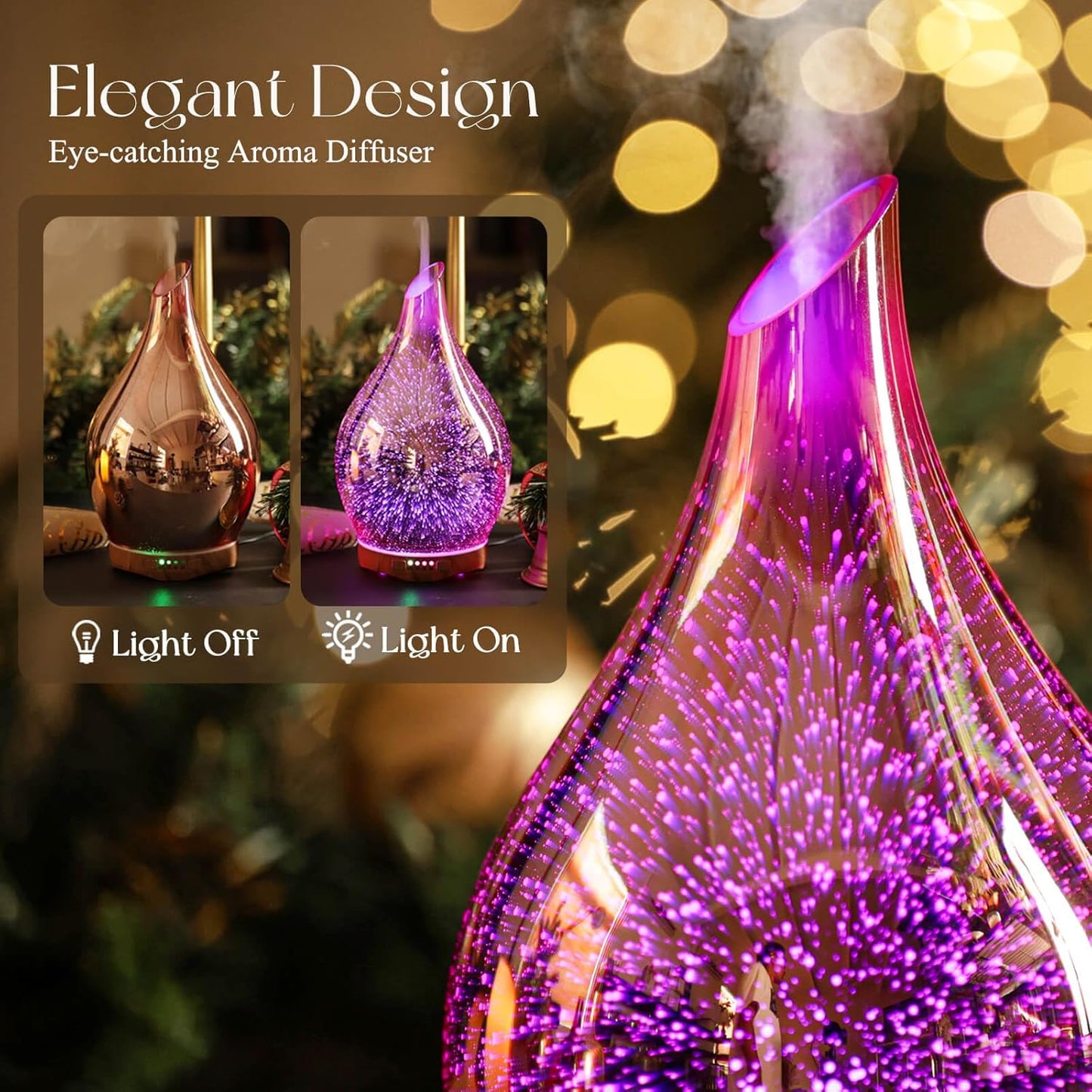 Porseme 280ml Essential Oil Diffuser, 3D Glass Aromatherapy Diffusor, Ultrasonic Cool Mist BPA Free Aroma Humidifier with Timer and Color Changing Function, Waterless Shut-Off for Home Office Room