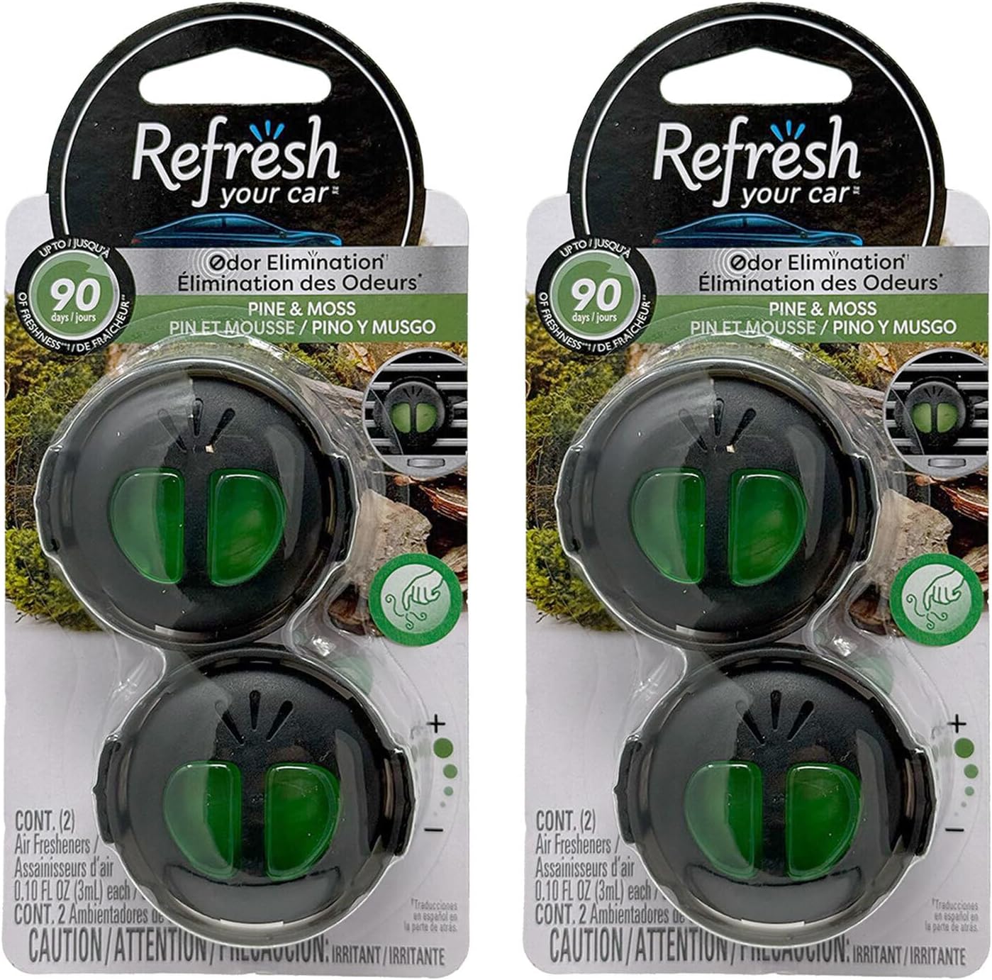 Refresh Car Air Freshener Vent Clip and Mini Car Oil Diffuser, Long-Lasting Odor Eliminator for Up to 90 days, 2 Packs (Pine & Moss)