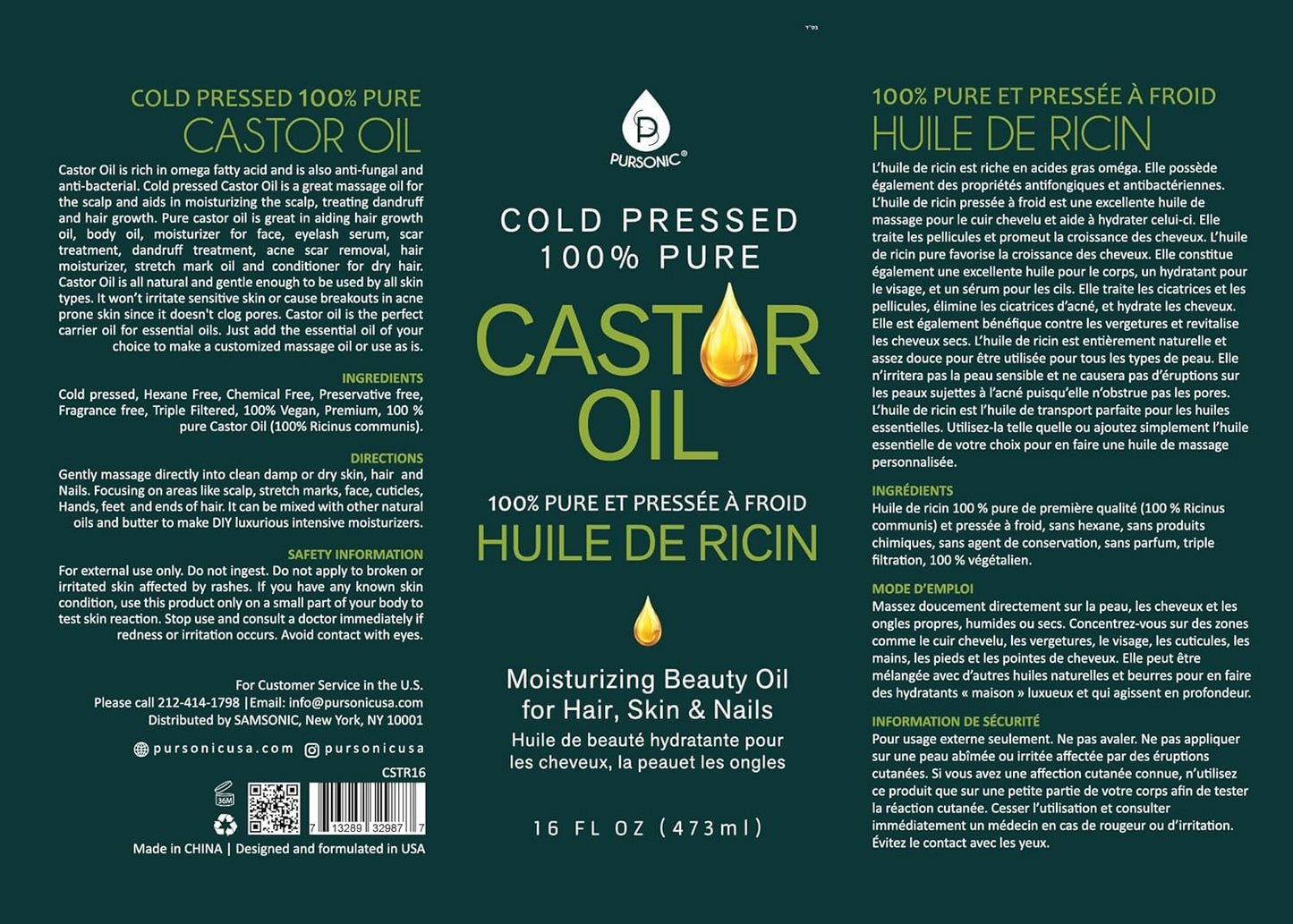 Pursonic Castor Oil (16oz) Cold-Pressed, 100% Pure, Hexane-Free Castor Oil-Moisturizing & Healing, For Dry Skin, Hair Growth - For Skin, Hair Care, Eyelashes