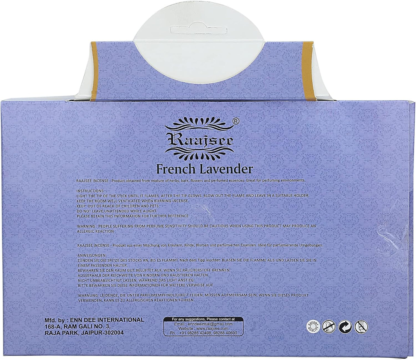Raajsee Lavender Incense Sticks 15 Sticks x 5 Pack -100% Pure insense Organic Natural- Hand Rolled Free from Chemicals -incent Stick Perfect for Church Aromatherapy, Stress Relief, Meditation