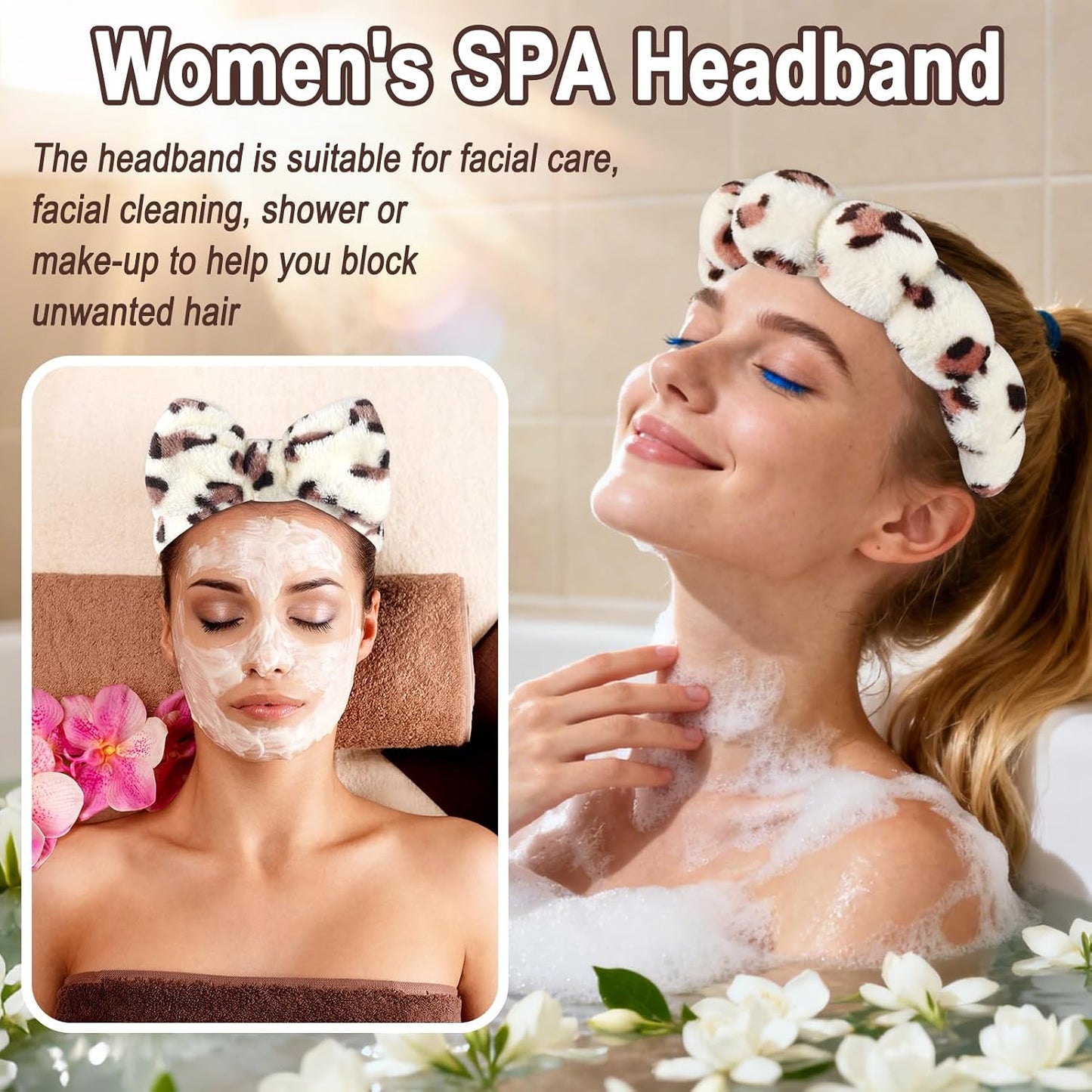 Zkptops 6Pcs Spa Headband for Washing Face Wristbands Set Women Bubble Makeup Sponge Plush Padded Puffy Skincare Headband Bow Tie Hairband Cute Non Slip Thick Hair Accessory Gifts(Beige Leopard)