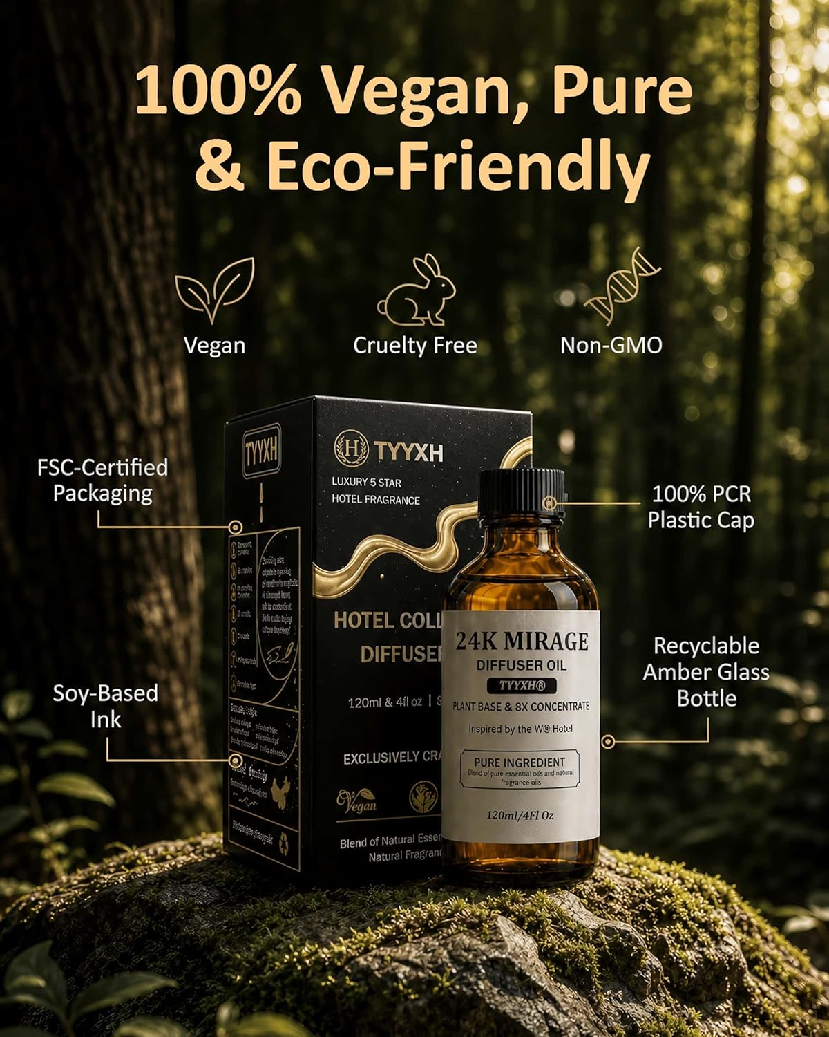 24K Hotel Diffuser Oil Inspired by W Hotel – Fragrance & Essential Oil Blend for Waterless & Cold Air Diffusers – Citrus, Lemongrass, Jasmine – Long-Lasting Aroma – Aromatherapy – 4 Fl Oz Glass Bottle