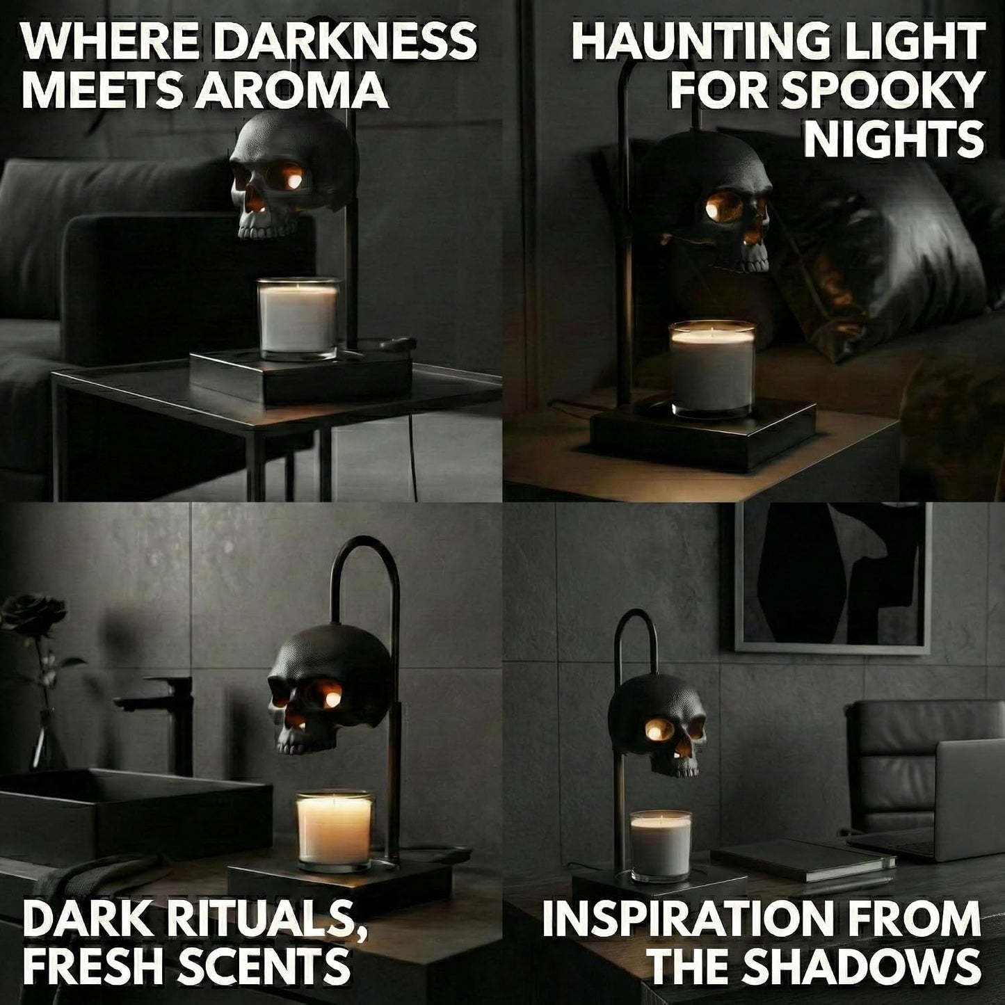 Skull Candle Warmer Lamp with Timer and Dimmer *Candles NOT Included – Black Gothic Candle Lamp Warmer w/ Adjustable Height, 2 Light Bulbs – Skull Decor, Goth Gothic Decor Spooky Home & Witchy Gifts
