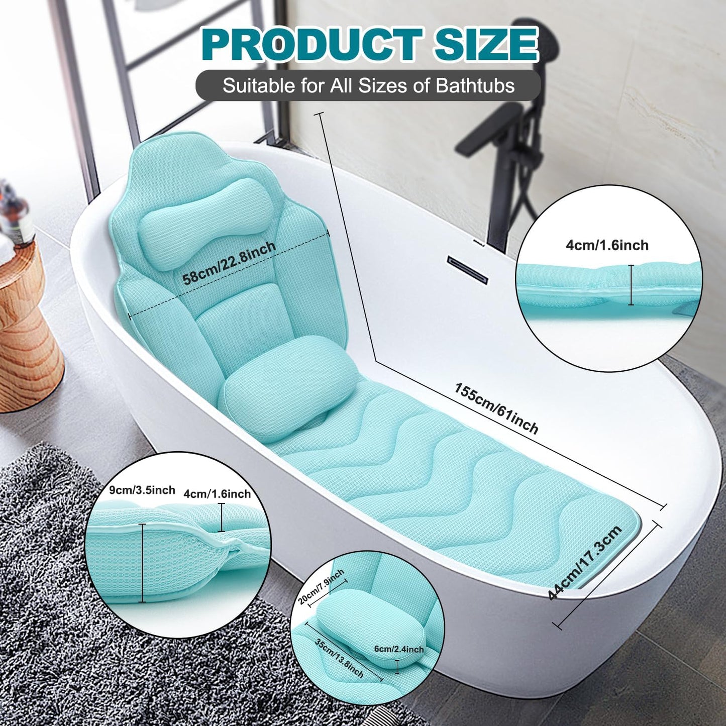 Full Body Bath Pillow for Bathtub - Extra Long 61’’ Bath Pillows for Tub, Ergonomic 4D Air Mesh Tub Pillow with Head, Neck & Lumbar Support, Bathtub Pillow Spa Cushion with Non-Slip Suction Cups
