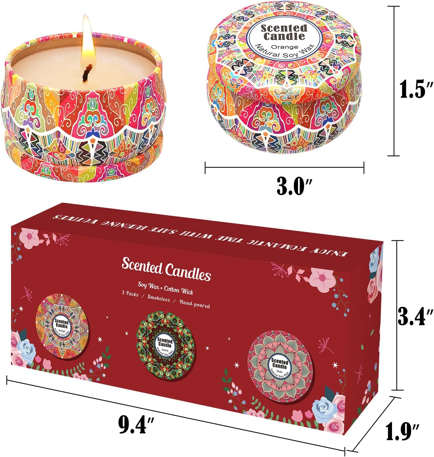 Scented Candles Gift Set,3 Pack Candles for Home Scented, Long Lasting Soy Wax Aromatherapy Candle Set, Gifts for Women with Gift Box(Rose.Vanilla.Orange)