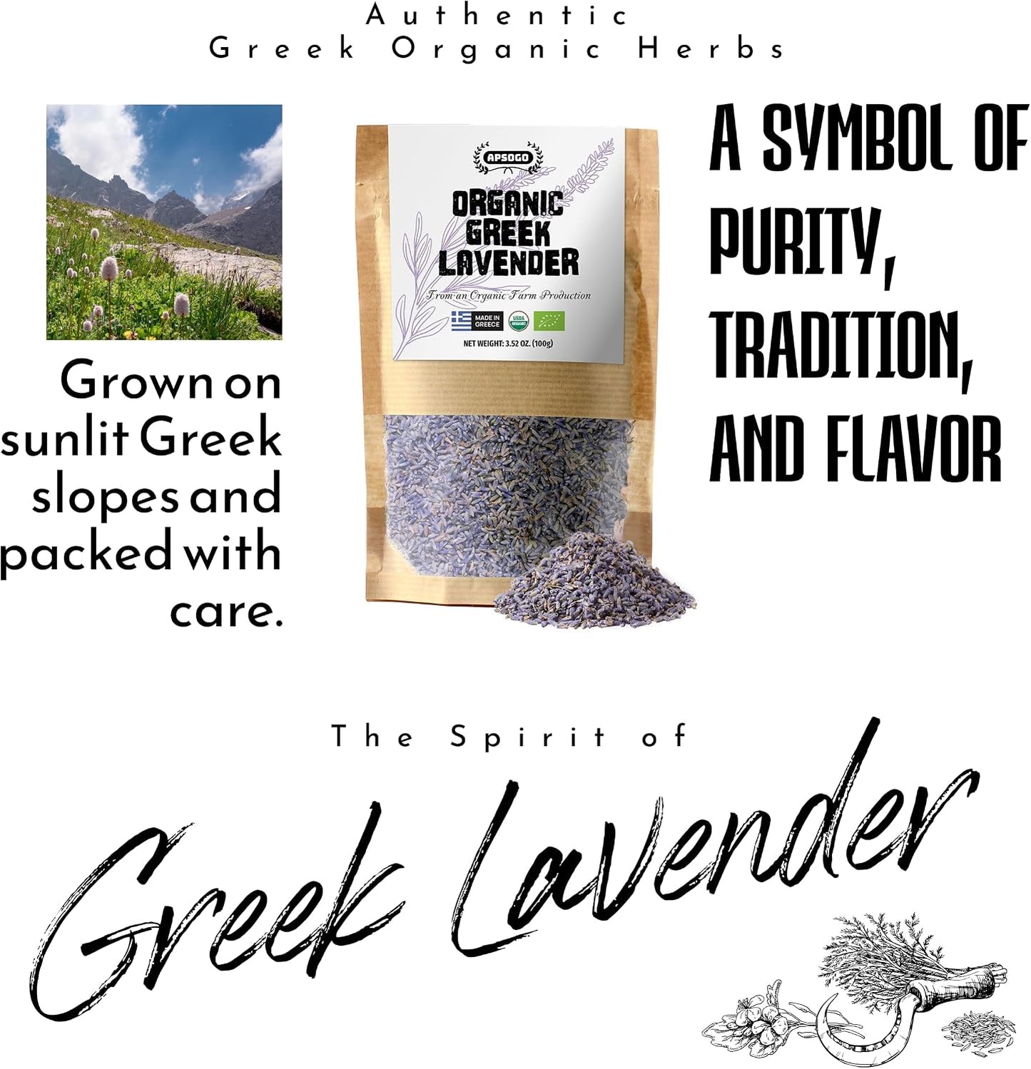 Apsogo Organic Greek Lavender - Dried Culinary Lavender for Tea, 1.76oz | Single-origin Lavandula angustifolia, hand-harvested in the Peloponnese. Whole dried lavender for tea, baking and syrups