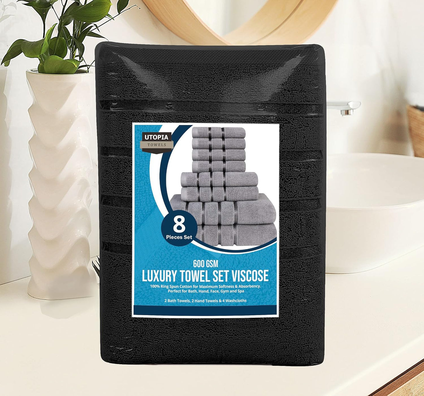 Utopia Towels 8 Piece Luxury Towel Set, 2 Bath, 2 Hand, and 4 Wash Cloths, 600 GSM Ring Spun Cotton, Highly Absorbent Viscose Stripe Towels, Ideal for Everyday use, Black