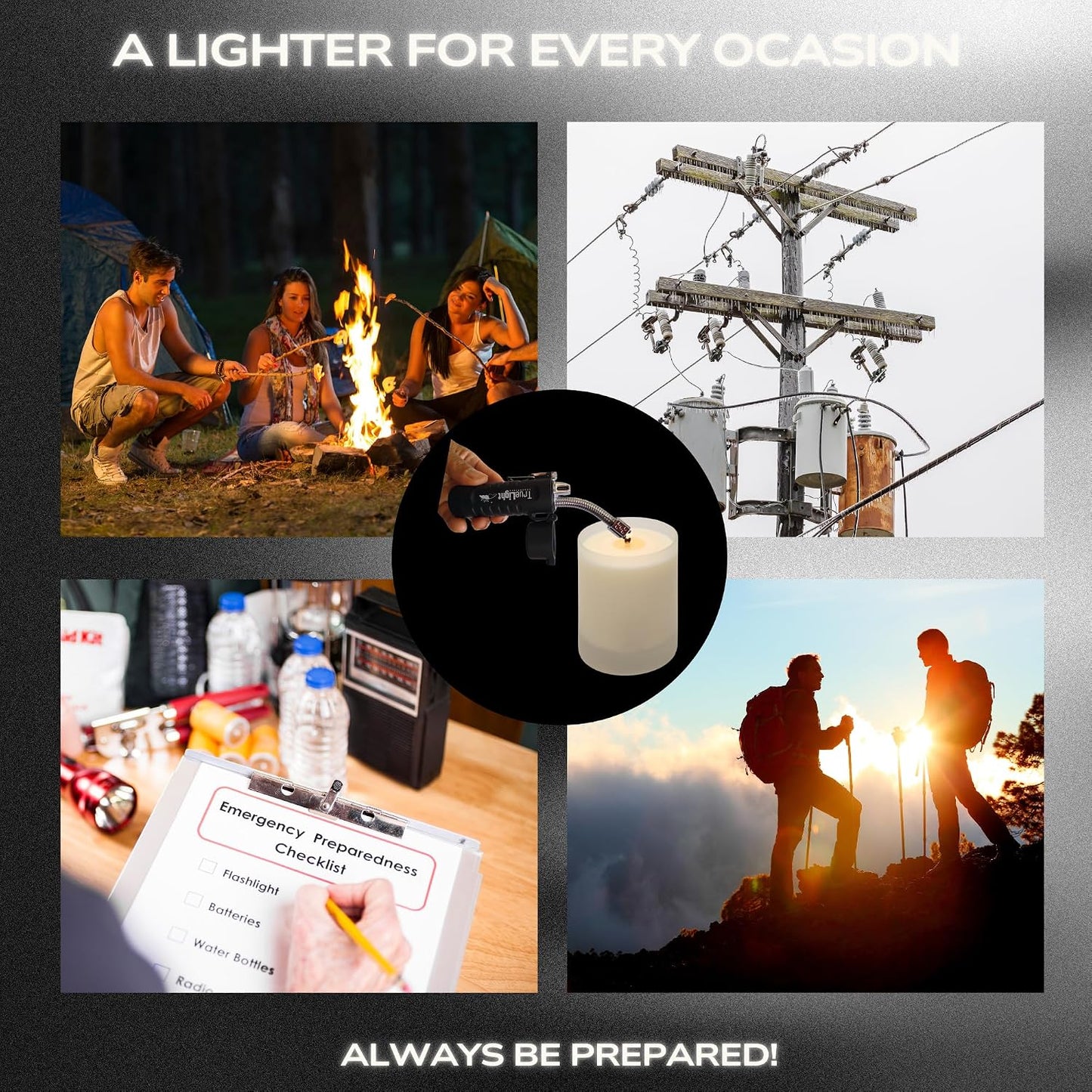 TrueLightEssentials Electric Rechargeable Plasma Lighter - Waterproof USB Arc Lighters with Flashlight LED Battery Indicator and Flexible Neck for Candle Survival Camping Emergency (Black, Long)