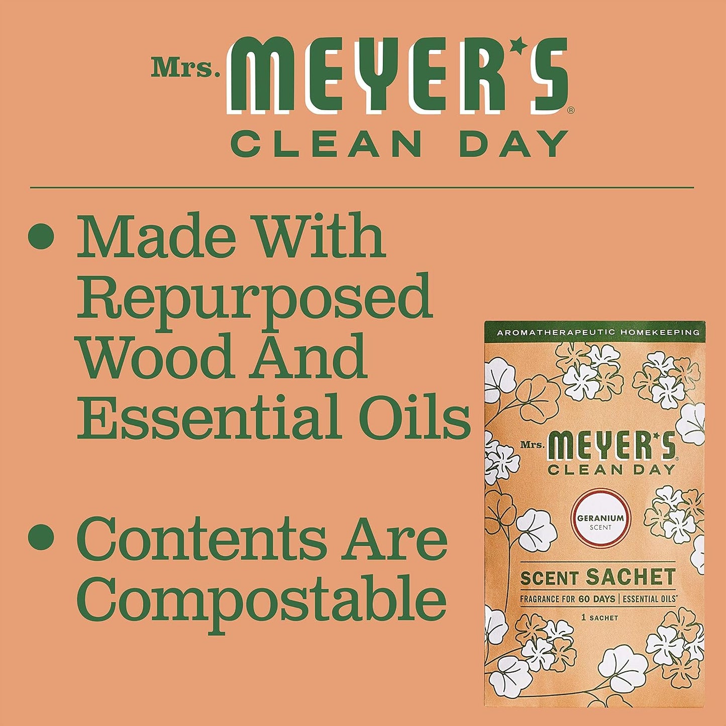 MRS. MEYER'S Clean Day Air Freshener Sachets, Fragrance for Your Locker, Car, Closet, and Gym Bag, Geranium, Pack of 3