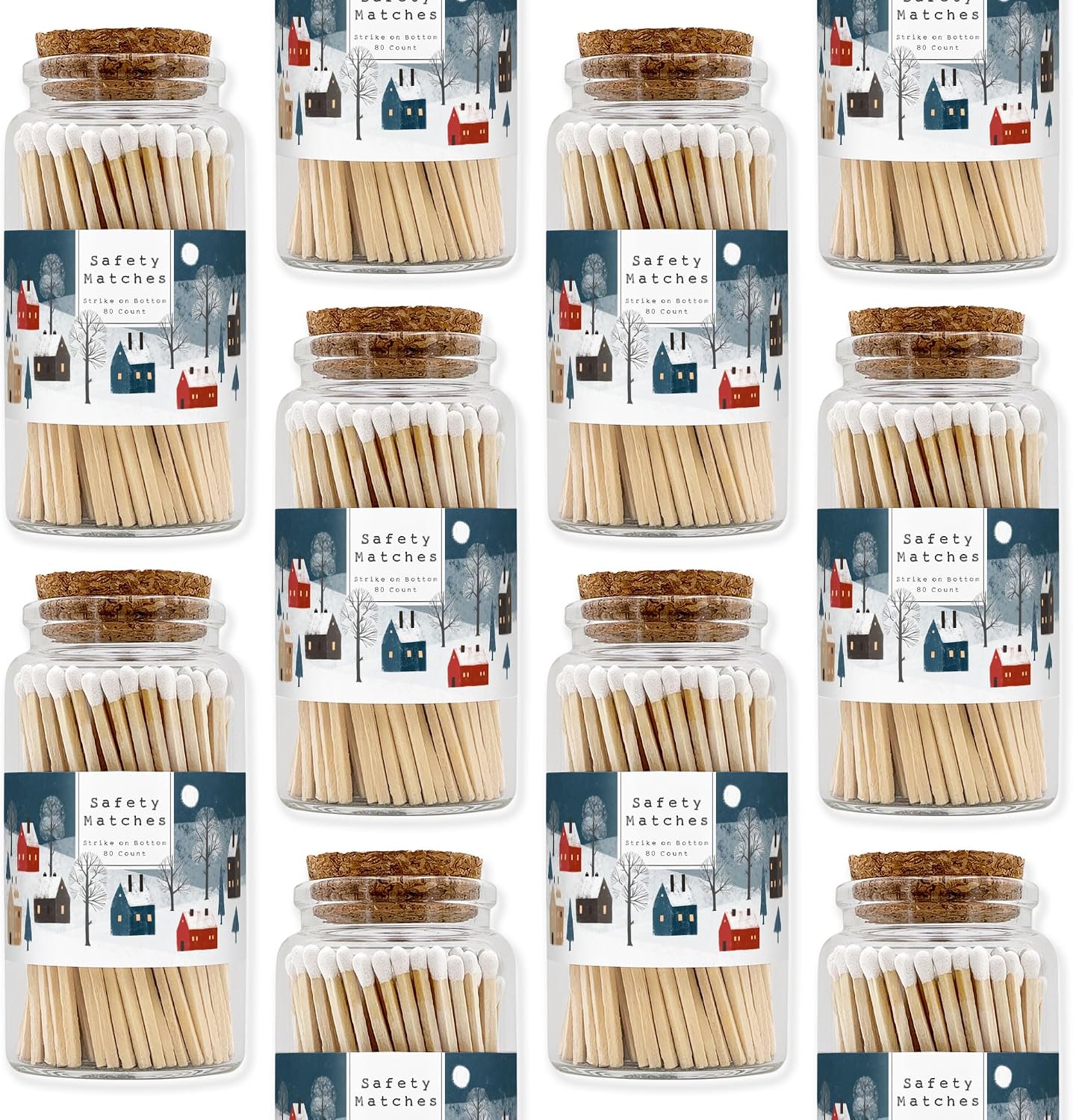Snowy Village Wooden Matches in a Jar with Striker | Decorative Matches for Candles | Long Matches for Candles in Apothecary Glass Jar | Approx. 80 Safety Matches for Home Decor & Bathroom