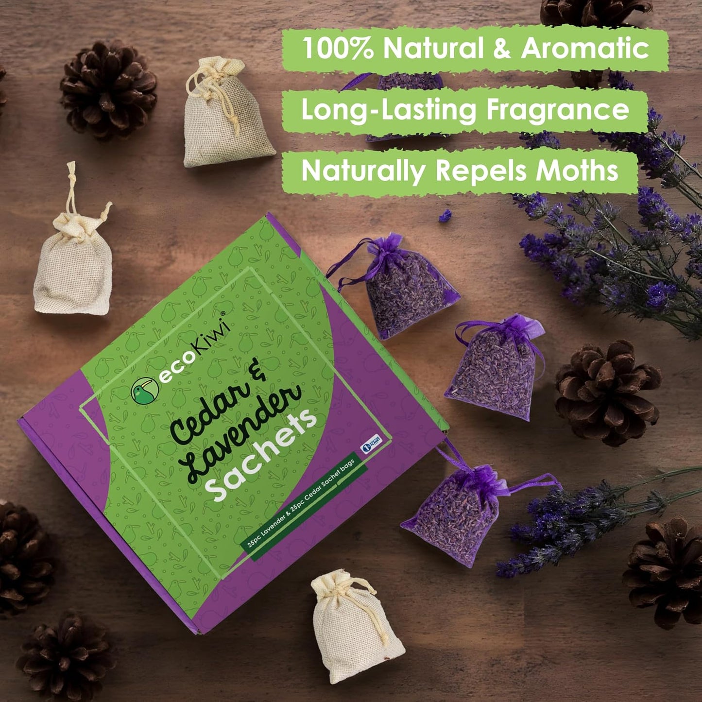 EcoKiwi Cedar & Lavender Sachets – 50 Sachets for Home Fragrence and Fresh Scents, Cedar & Lavender Sachet for Drawers and Closest, Dual-Purpose Sachet to Stop Clothes Damage and Closest Freshness