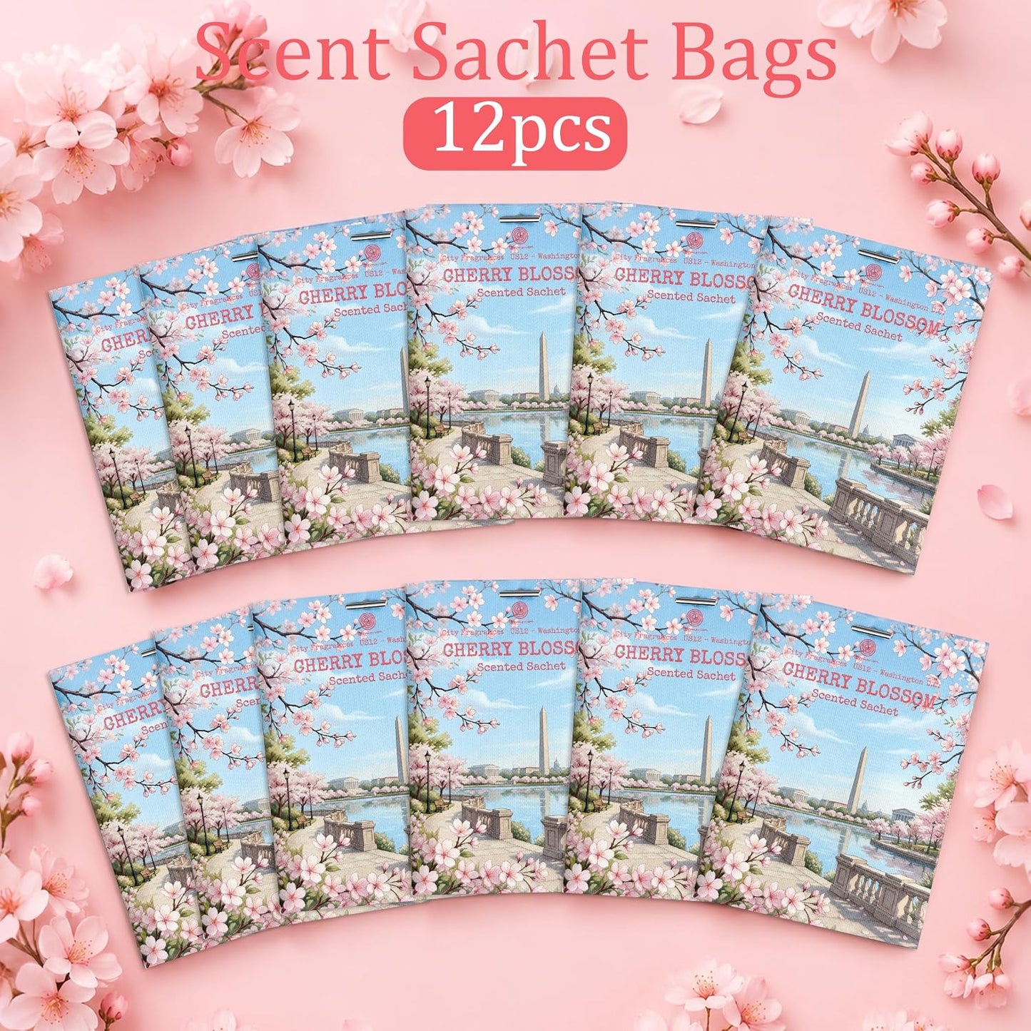 US12-Washington D.C. Cherry Blossom Sachets for Drawers & Closets, 12 Pack | Car Air Freshener sachets with D.C. Cherry Blossom scent. Freshens closets, drawers, cars and small spaces.