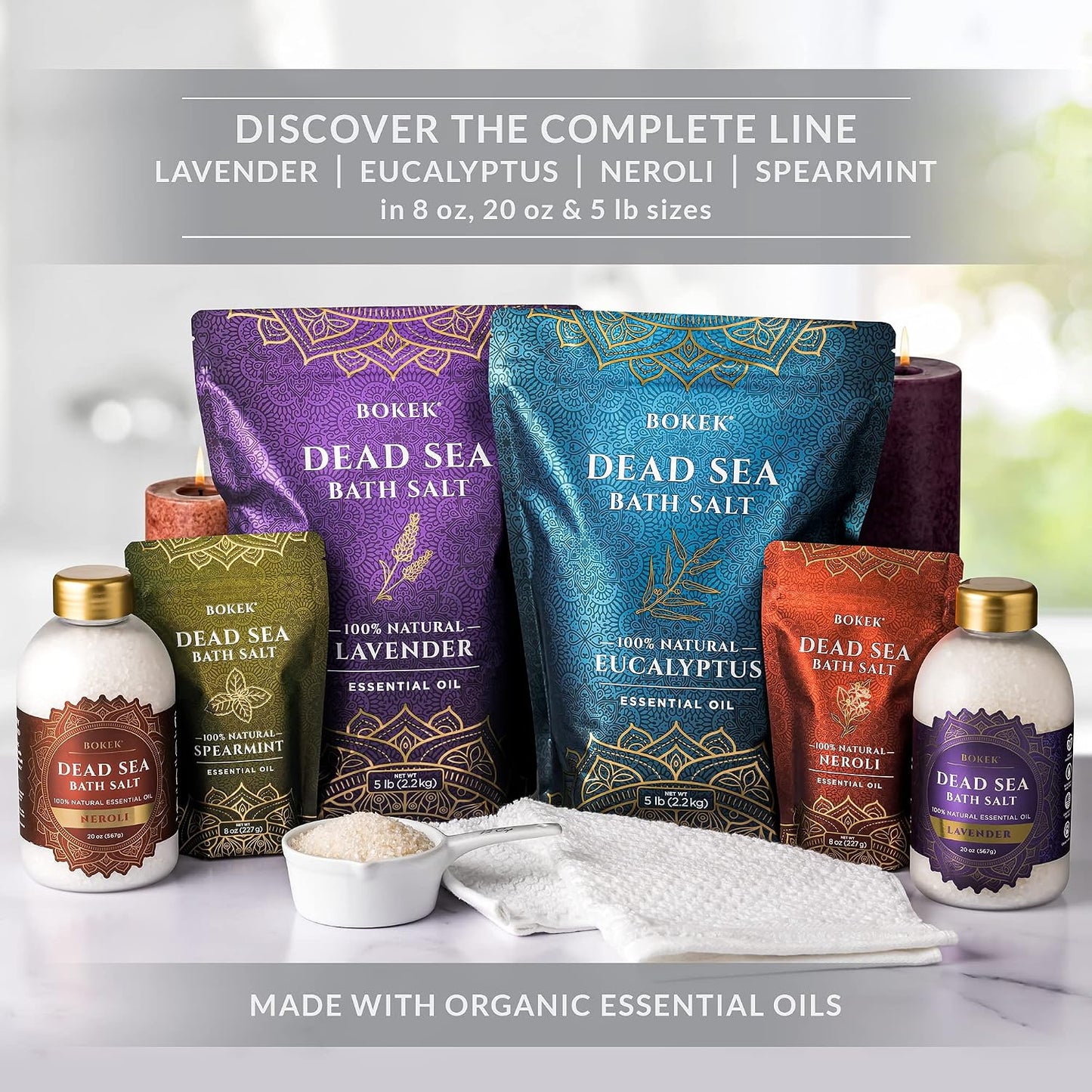 Bokek Organic Eucalyptus Bath Salt, Dead Sea Salt Scented with Certified Organic Essential Oil, 8 Ounce Resealable Pouch