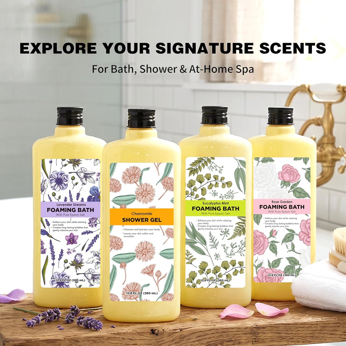 Serenity Sanctuary Bubble Bath for Women, Scented Gift Set for Adults, 51.2 fl oz (Pack of 4), with Shower Gel, Ladies Foaming Bath Variety, Mother's Day Gift for Mom, Christmas Gifts for Wife