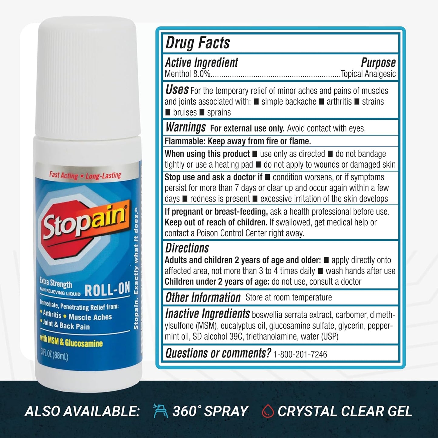Stopain Pain Relief Roll On Gel 3oz, USA Made, Max Strength Fast Acting with MSM, Glucosamine, Menthol for Arthritis, Lower Back, Knee, Neck, HSA FSA Approved OTC Topical Analgesic Products
