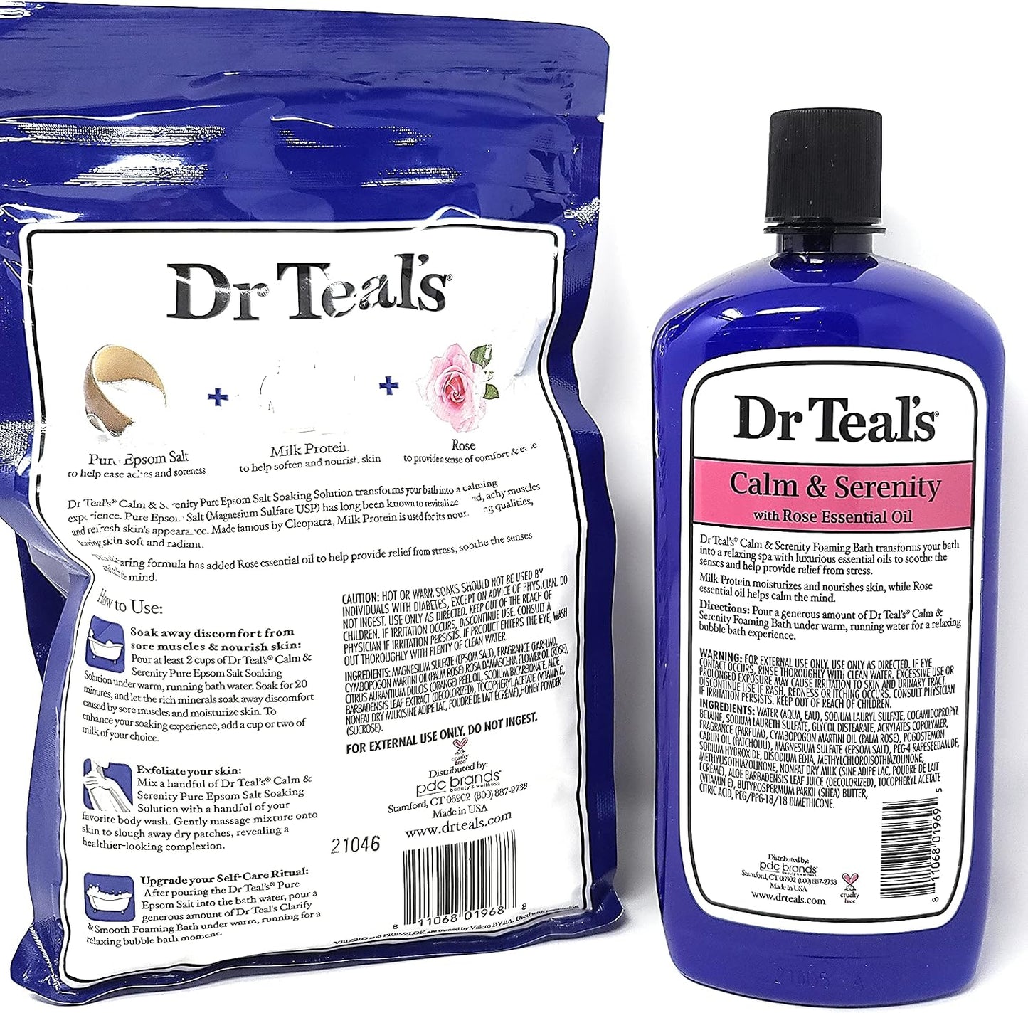 Bundle of Dr Teals Calm & Serenity with Rose Essential Oil (Made with Milk Protein): Pure Epsom Salt Soaking Solution 3 LBS & Foaming Bath 34 FL OZ