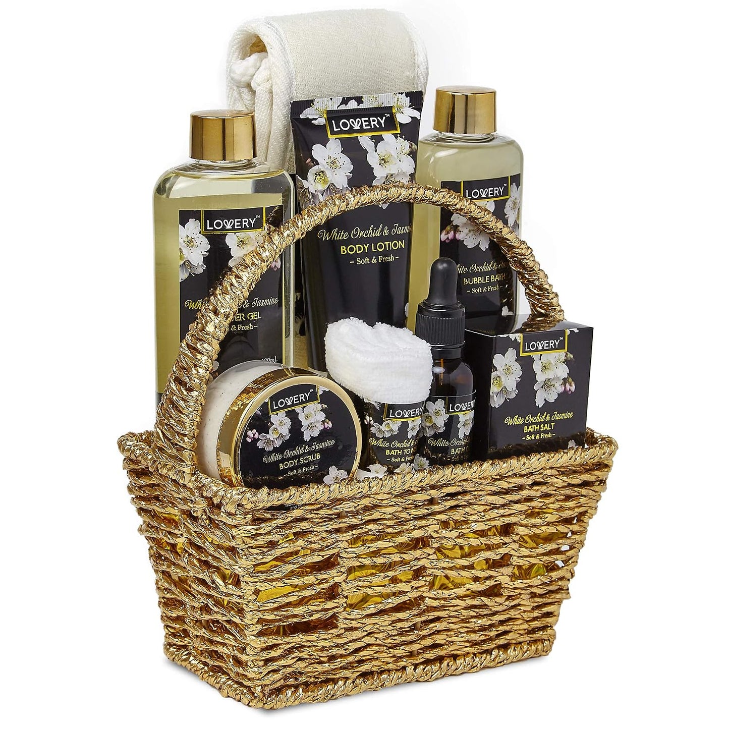 Bath and Body Gift Basket for Women – Orchid & Jasmine Home Spa Set with Body Scrubs, Lotions, Oils, Gels and More - Care Package for Women & Men - 9 Piece Womens Gifts Set