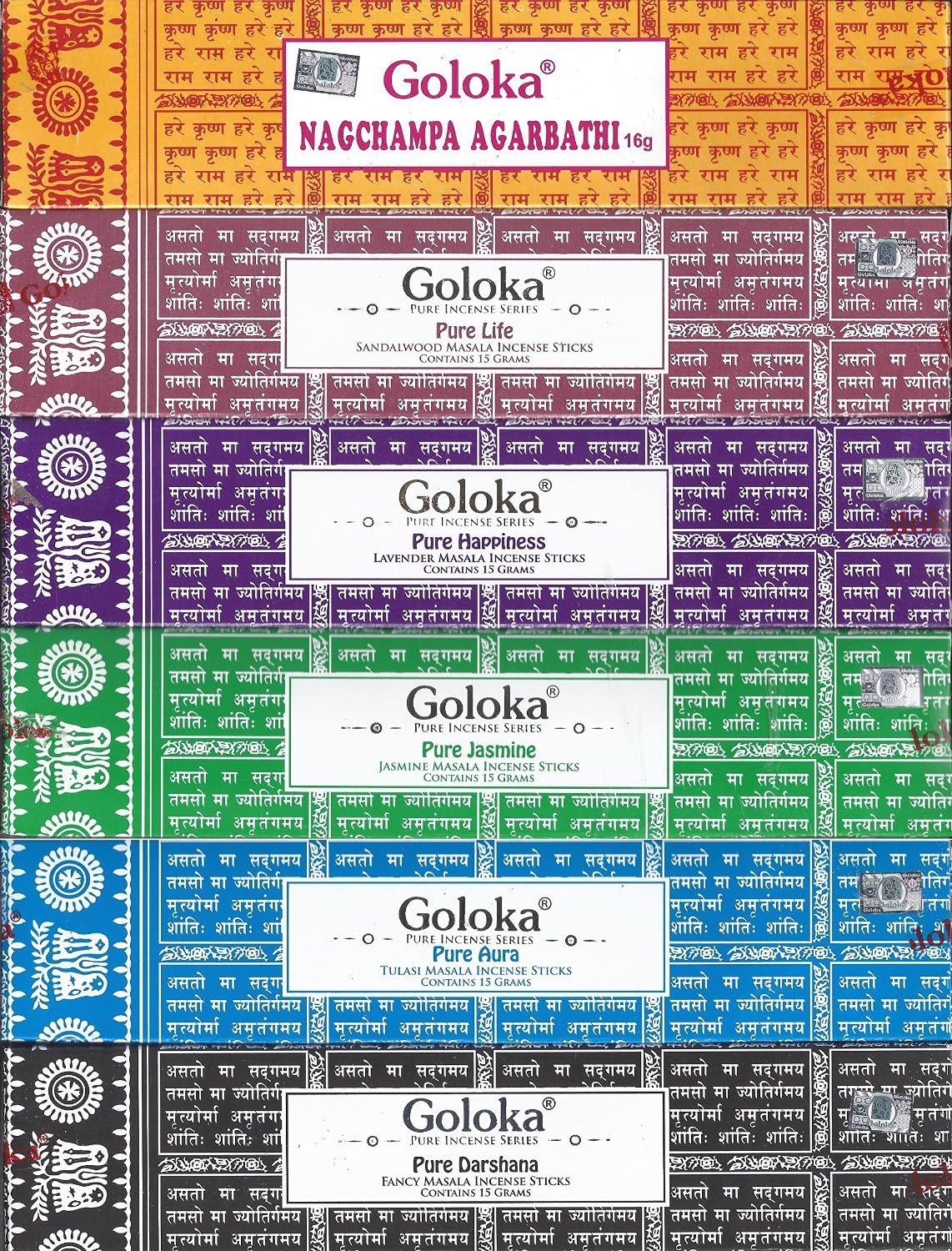 GOLOKA Set of 6 Nag Champa Sandalwood Lavender Jasmine Tulasi and Fancy Incense Kit (Incense Holder Included)