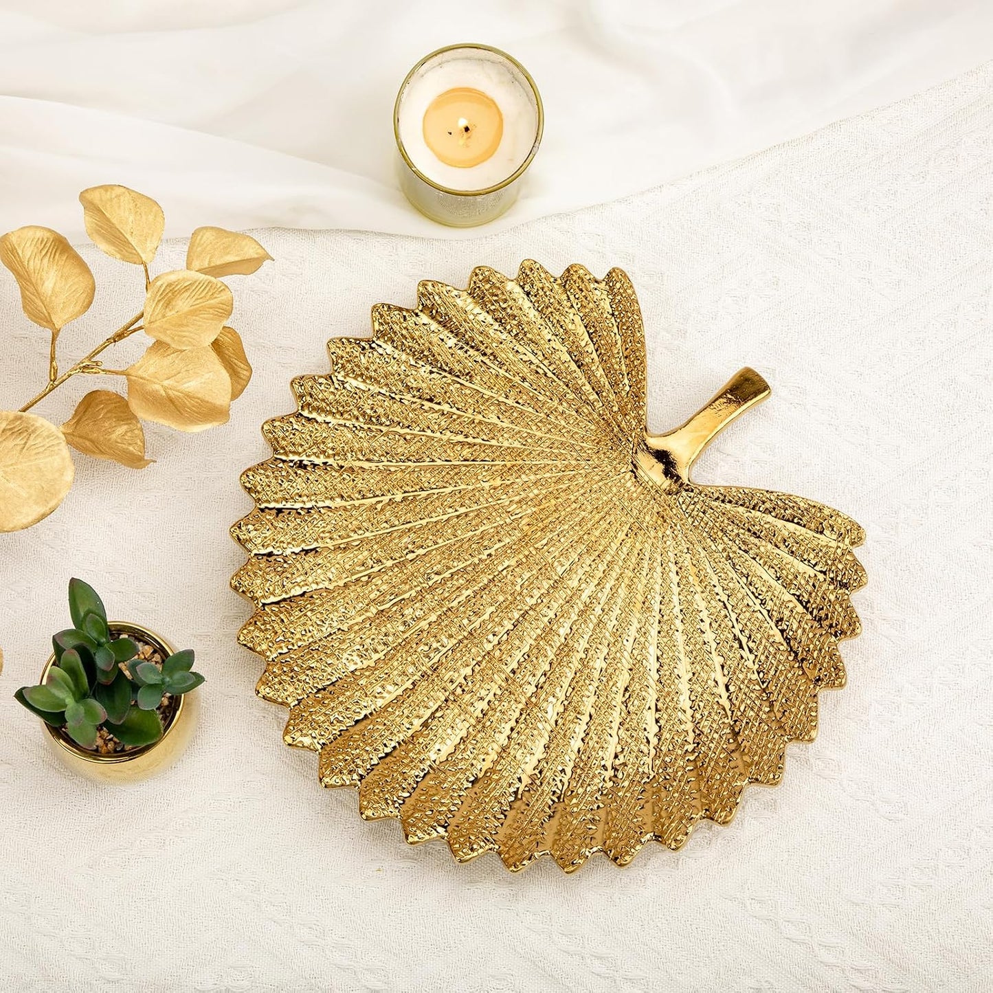 Gold Leaf Decorative Serving Tray for Table Centerpiece – 12" Ceramic Leaf-Shaped Trinket Dish, Candle Tray, Vanity Organizer, Coffee Table Decor, Modern Glam Home Decor, Gifts for Women