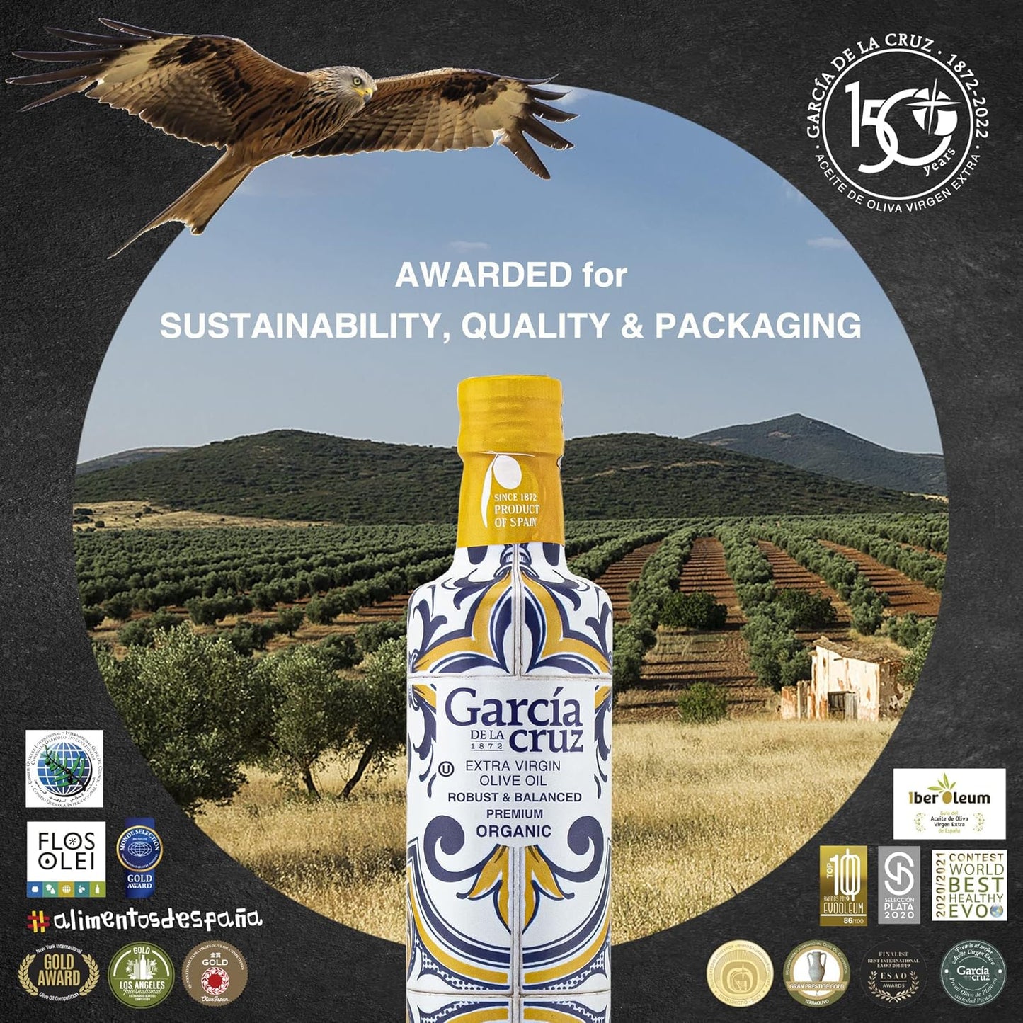 GARCÍA DE LA CRUZ - Organic Extra Virgin Olive Oil, Master Miller Premium Oil, Almond and Tomato Tones, Smooth Body, Sourced in Spain, Montes de Toledo, Glass Bottle - 500 ml