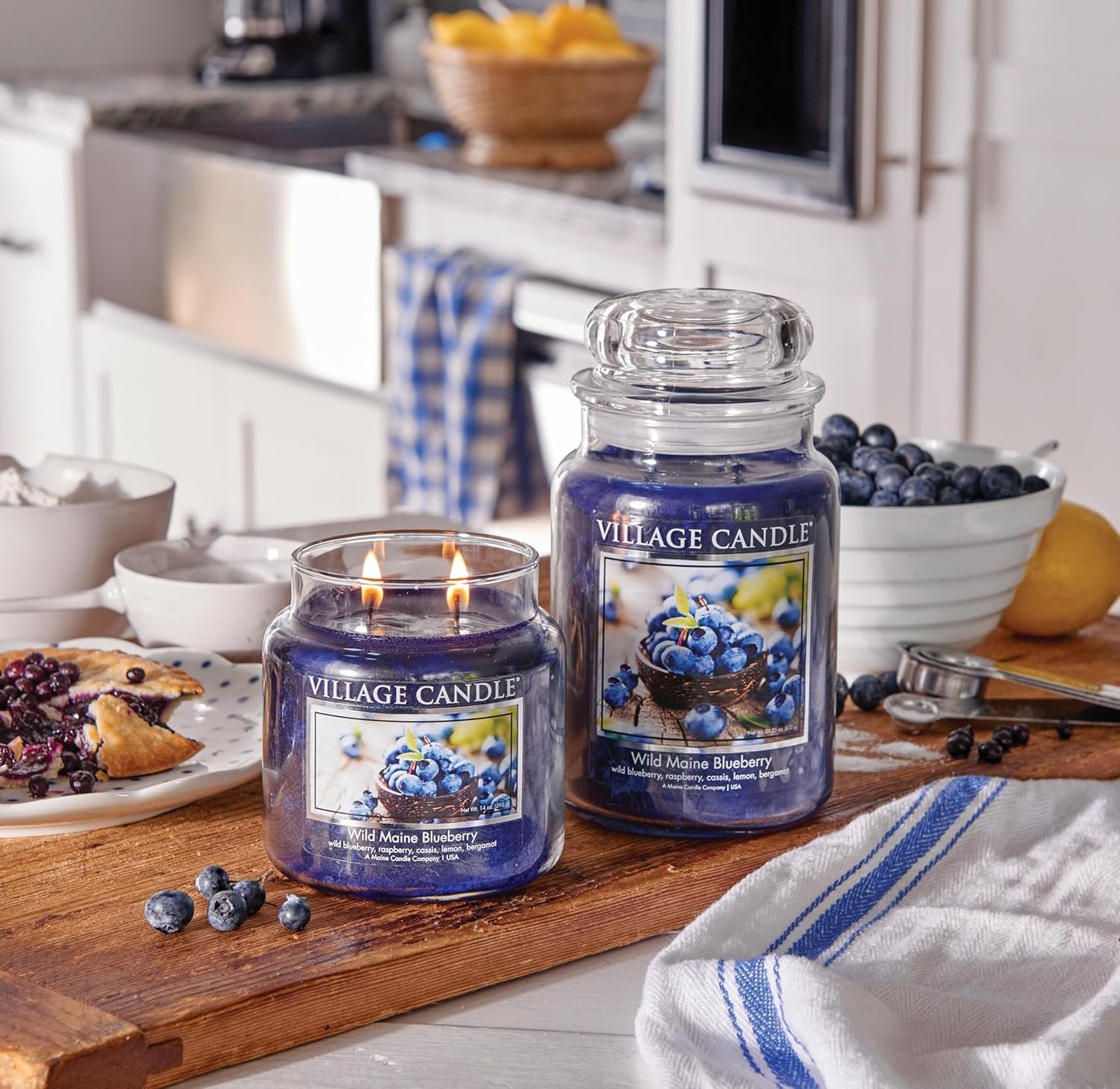 Village Candle Wild Maine Blueberry Large Glass Apothecary Jar Scented Candle, 21.25 oz, Dark Blue