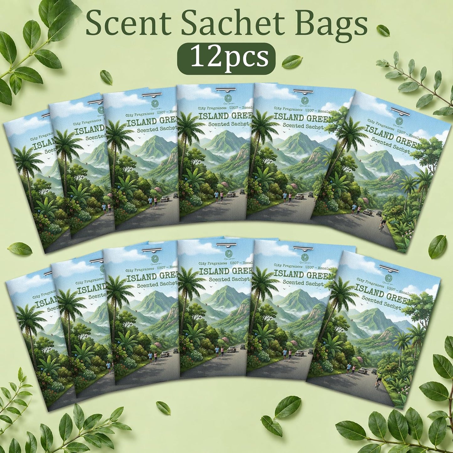 US07-Honolulu Island Green Scented Sachets for Drawers and Closets, Car Air Freshener Bags, Island Green Closet Freshener and Odor Eliminator for Wardrobe, Dresser, Car 12 Pack