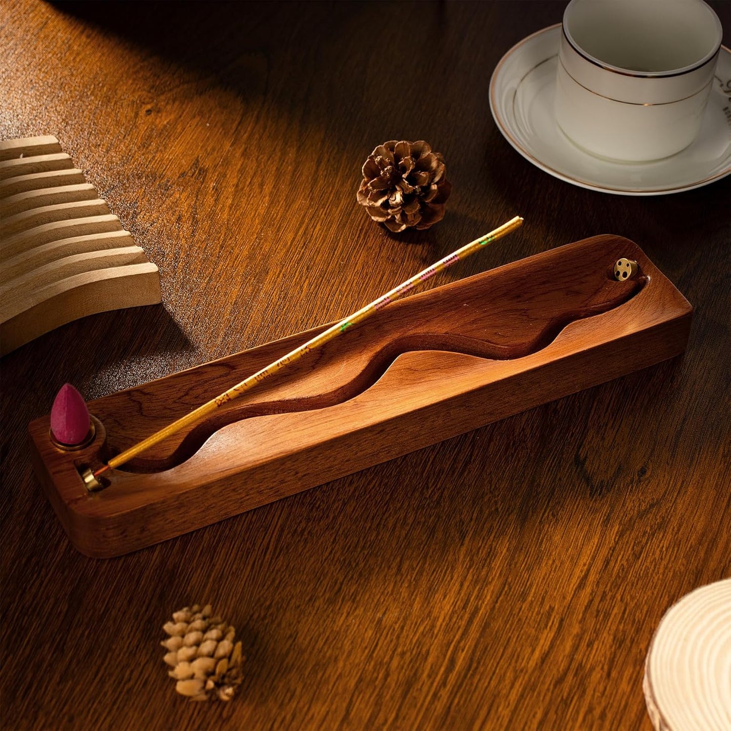 2 in 1 Wooden Incense Holder Sticks with Backflow Incense Cone Burner,Multi-Hole Fits All Thicknesses Sticks,for Meditation Yoga Home Gift