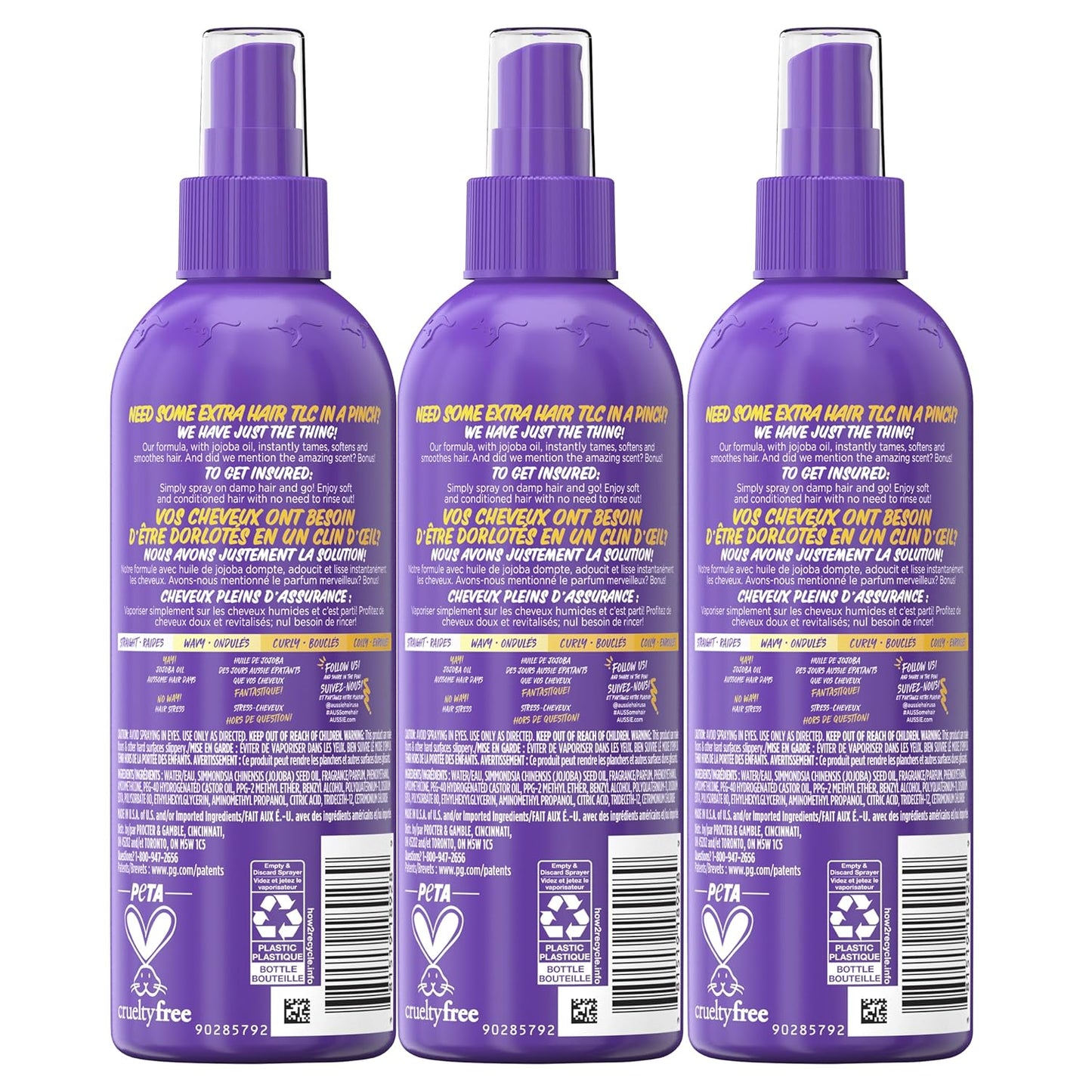 Aussie Hair Insurance Leave-In Conditioner Spray: Moisturizing Frizz Control & Detangler with Jojoba Oil (8 Fl Oz Each, 3-Pack)