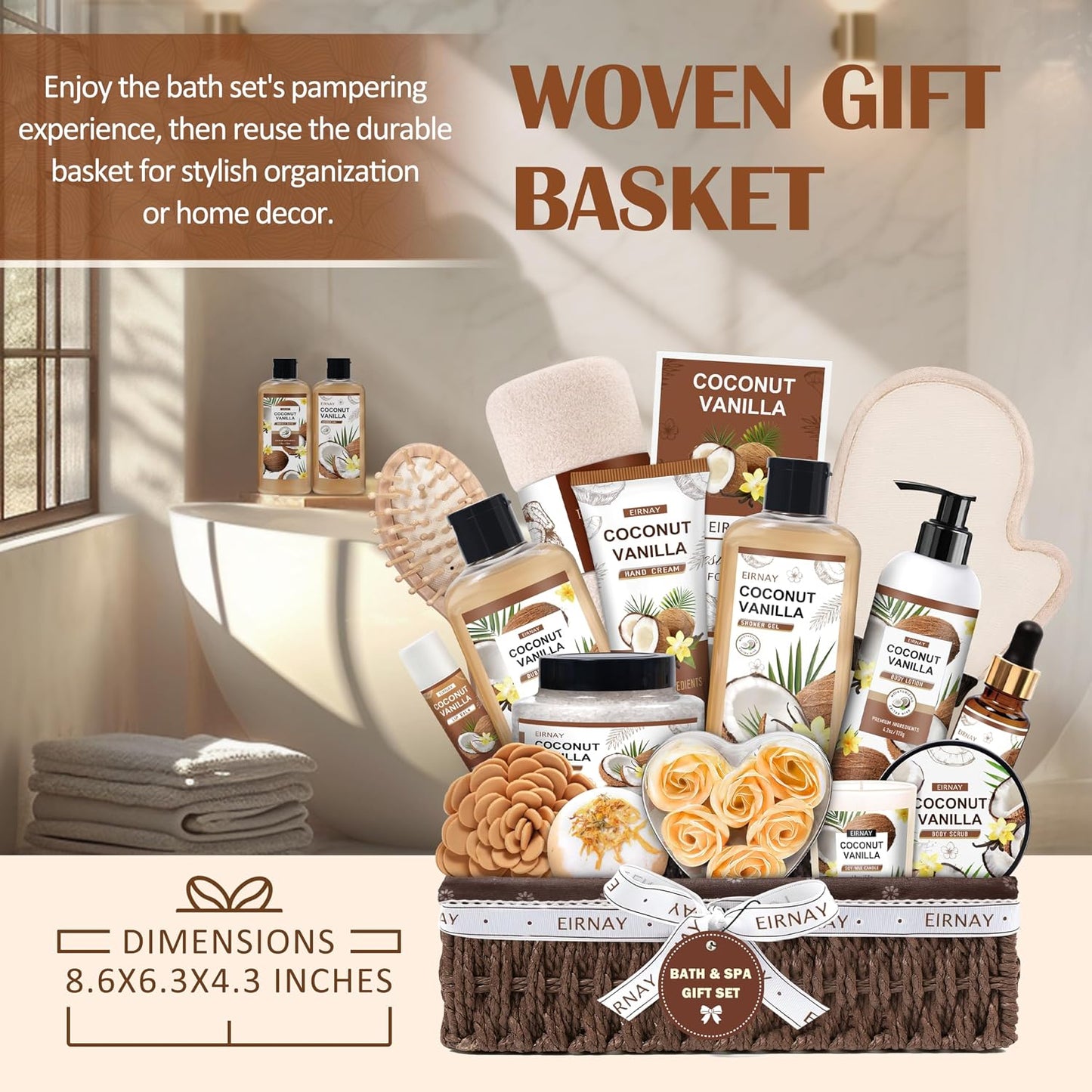 Gifts For Women - 16 PCS Birthday Gift Basket for Women Set of Coconut Vanilla Self Pampering Set, Includes Luxurious Home Spa Shower Gel Bubble Bath