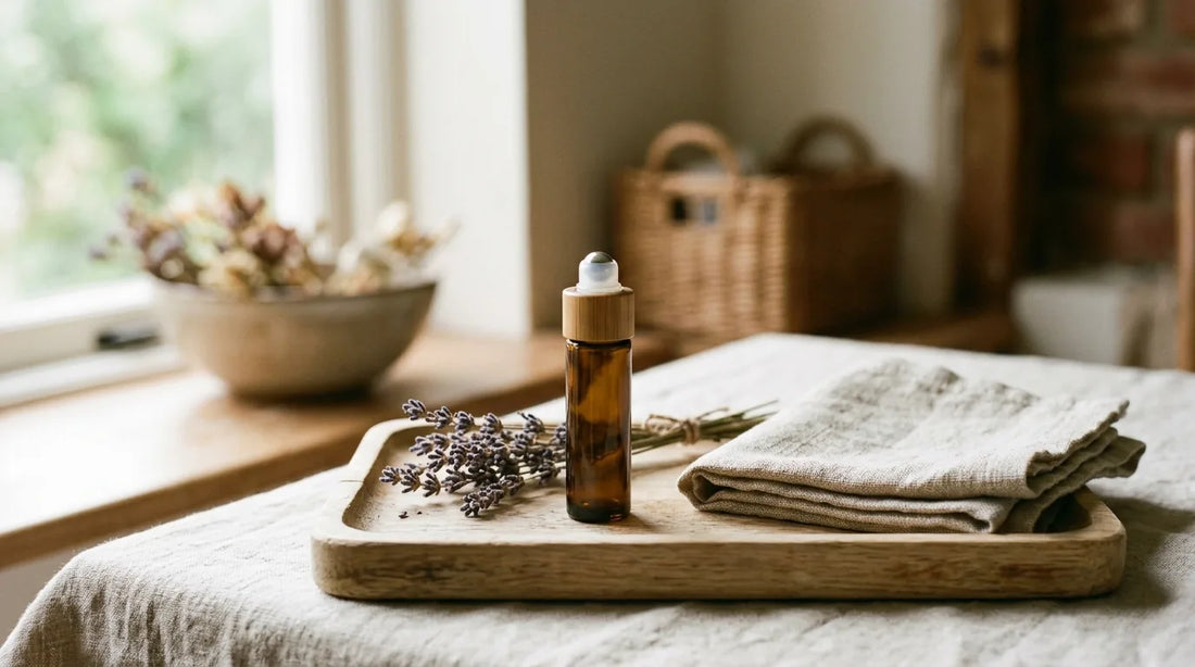 Amber glass roll-on oil bottle for scent application on an oak tray with dried lavender sprigs