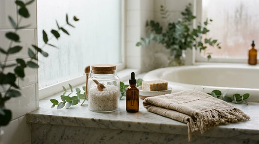 Jar of bath salts, amber oil bottle, and linen towel on a marble tub ledge with eucalyptus