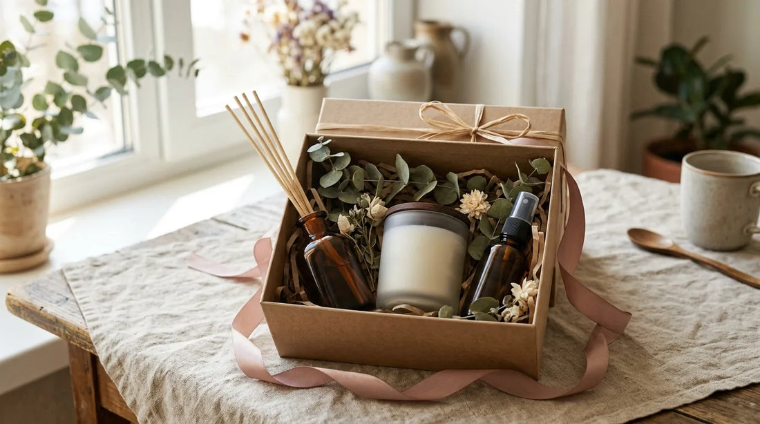 Long-distance care package that smells like home: soy candle, reed diffuser, and room spray in a kraft box with dried eucalyptus
