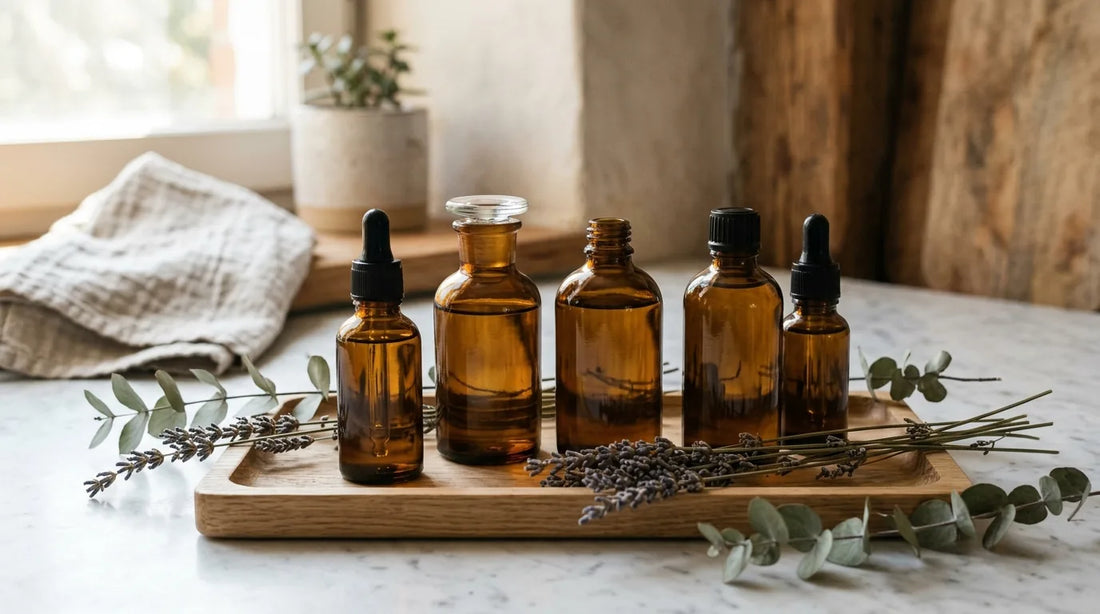 Amber carrier oil bottles on an oak tray with dried lavender and eucalyptus
