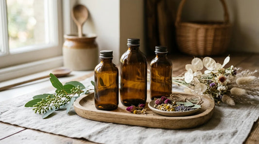 Three unbranded glass carrier oil bottles on an oak tray with dried botanicals