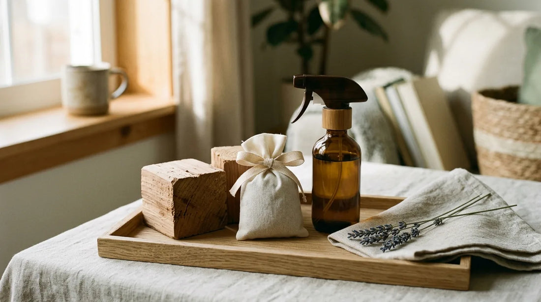 Cedar blocks, a scented sachet, and a fabric spray bottle on an oak tray with dried lavender