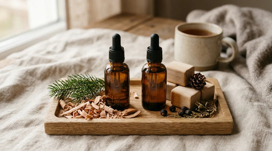 Two blank amber essential oil bottles on an oak tray with cedar shavings and smooth wood blocks