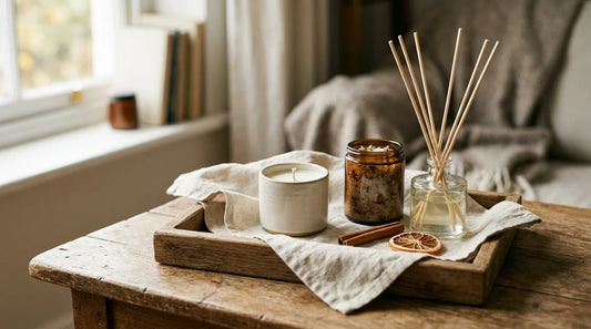 Cozy gift bundle with a soy candle, amber bath salt jar, and reed diffuser on an oak tray with cinnamon and dried orange