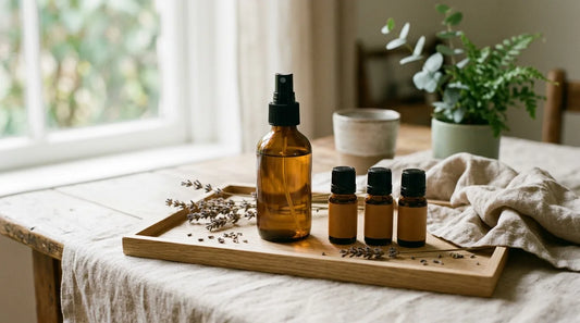 Amber glass room spray bottle with essential oil bottles and dried lavender on an oak tray