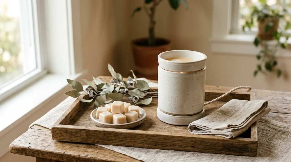 Ceramic electric wax warmer on an oak tray with blank wax melt cubes and dried eucalyptus