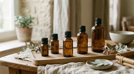 Amber essential oil bottles in small and large sizes on an oak tray with eucalyptus