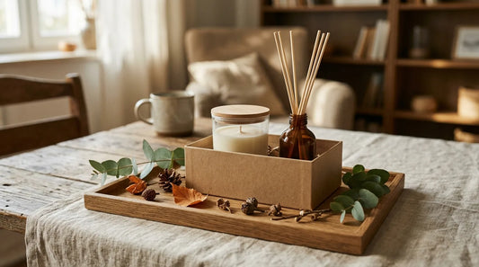 Boxed fall gift set with soy candle and reed diffuser on an oak tray with dried botanicals