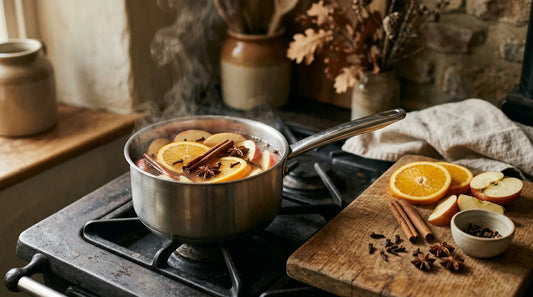 Fall simmer pot with orange slices, cinnamon sticks, and star anise steaming in a small stainless saucepan