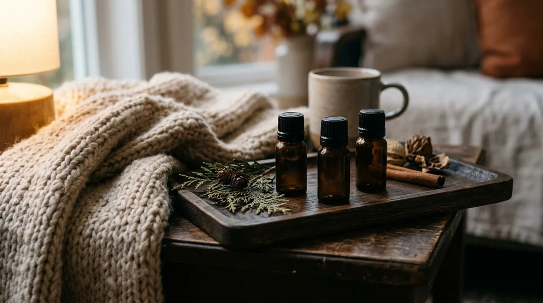 Fireside blend amber essential oil bottles on a dark oak tray with a knit throw and dried cedar sprigs