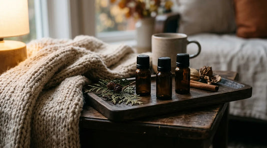 Fireside blend amber essential oil bottles on a dark oak tray with a knit throw and dried cedar sprigs