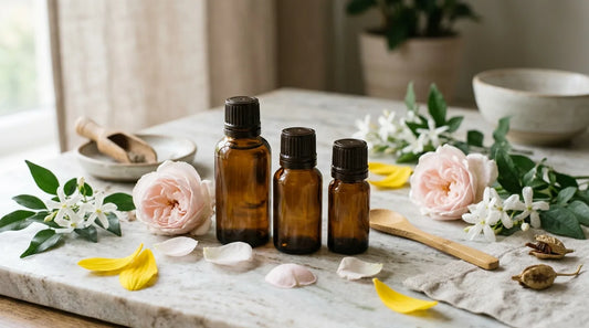 Three blank amber floral essential oil bottles on marble with rose and jasmine blooms